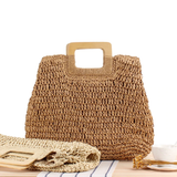 Paziye Large Capacity Straw Beach Tote Wooden Handle Handbag Handmade Woven