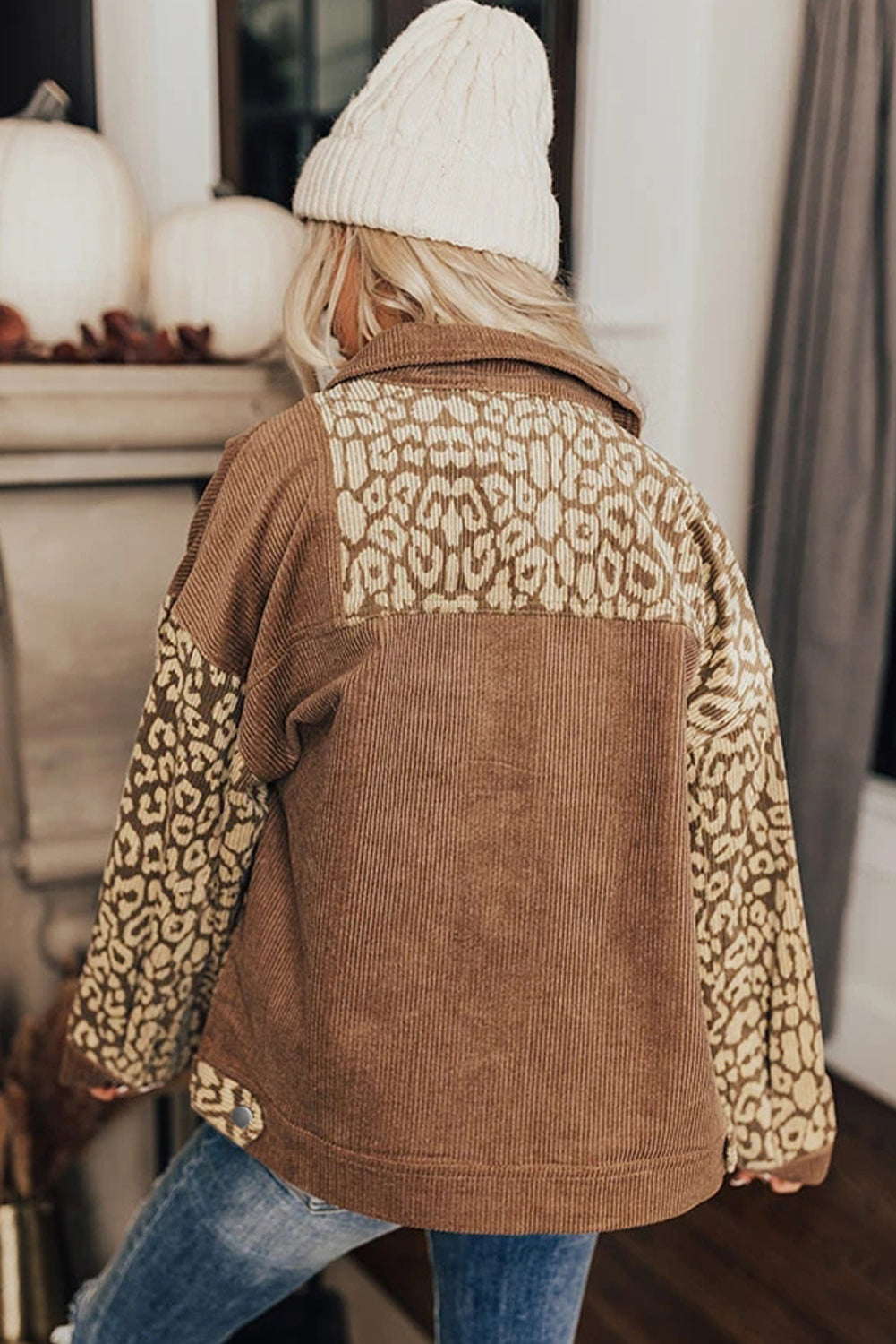 Brown Leopard Print Corduroy Long Sleeve Jacket