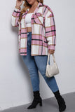 Winter Outfits Plus Size Pink Lapel Button Up Pocket Plaid Shacket