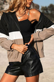 Color Block Open Zipper Drawstring Hem Winter Outfits Coat