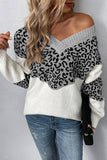 Leopard Splicing V Neck Long Sleeve Knit Sweater