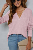 Plain V Neck Waffle Knit Pocketed Long Sleeves Top