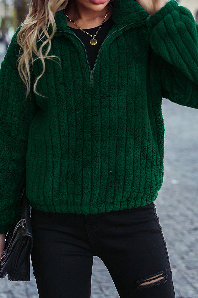 Green Zip Collar Fleece Pullover Sweatshirt