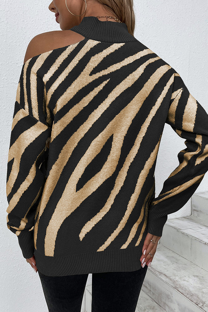 Zebra Stripes Cold Shoulder Knitting Sweater