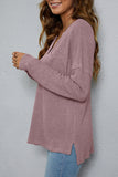 Plain V Neck Waffle Knit Pocketed Long Sleeves Top