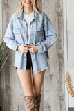 Rhinestone Pearl Open Front Button Pocket Raw Hem Denim Jackets
