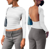 Sexy Backless Long Sleeve Crop Top Women Black Autumn Skinny Cut Out Basic T Shirts Fashion Streetwear Tees