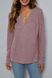 Plain V Neck Waffle Knit Pocketed Long Sleeves Top