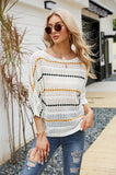 Autumn Outfits White Striped Hollow Out Knit Tops