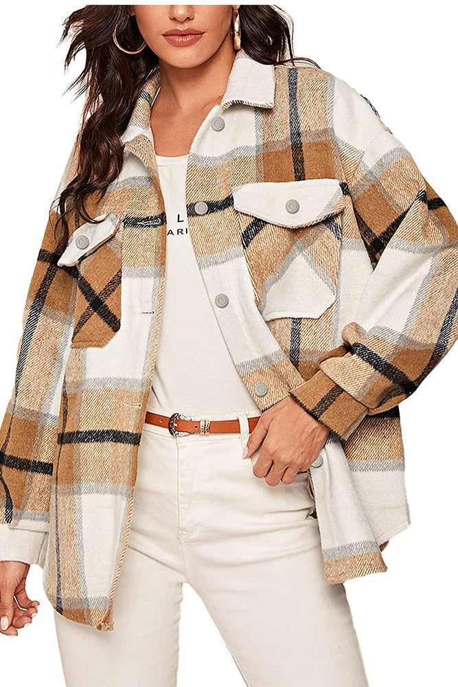 Plaid Button Down Pocketed Shacket Jackets Women