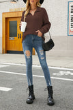 V Neck Turndown Collar Long Sleeve Sweater