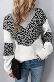 Leopard Splicing V Neck Long Sleeve Knit Sweater