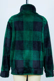 Green Plaid Stand Collar Open Zipper Pockets Fluffy Winter Outfits Coat