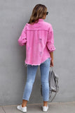 Lapel Ripped Raw Hem Buttons Denim Coat