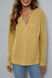 Plain V Neck Waffle Knit Pocketed Long Sleeves Top