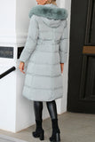 Plain Long Length Down Coat with Belt and Fur Hooded