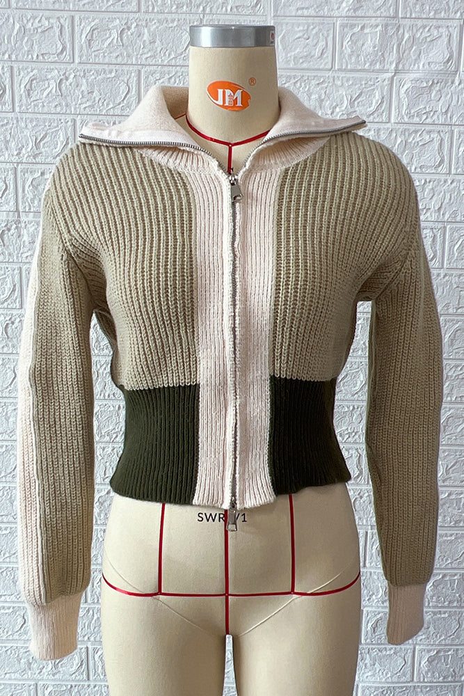 Colorblock Zipper Knitting Cardigan