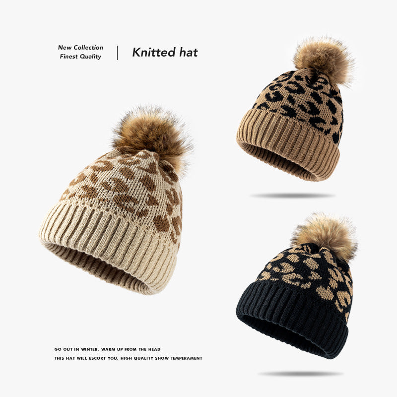 Leopard-print rolled-trimmed pom-pom hat