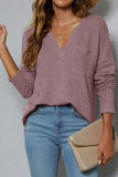 Plain V Neck Waffle Knit Pocketed Long Sleeves Top