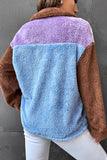 Color Block Zipper Patchwork Fluffy Coat