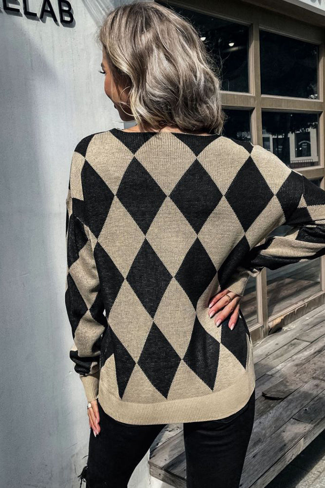 Rhombus Colorblock Splicing Long Sleeve Sweater