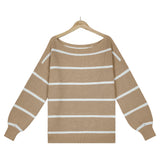 Off Shoulder Pin Striped Loose Pullover Sweaters
