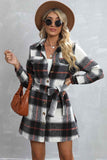 Turn Down Shawl Collar Button Plaid Long Jackets With Waist Belt