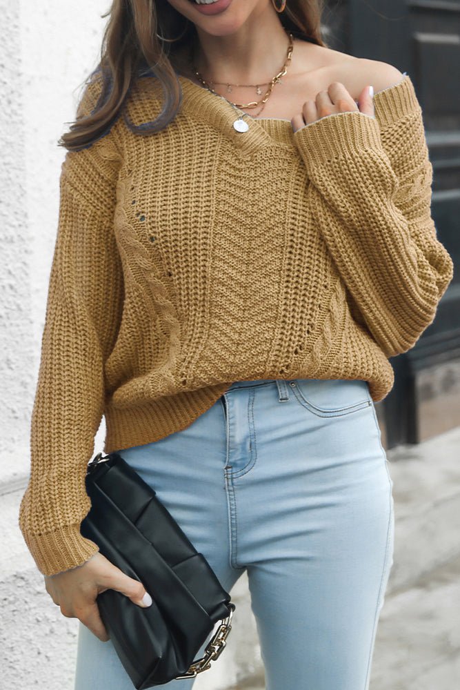 Cable Knit Hollow V Neck Winter Outfits Sweater