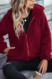 Red Hooded Zipper Ribbed Fleece Winter Outfits Coat