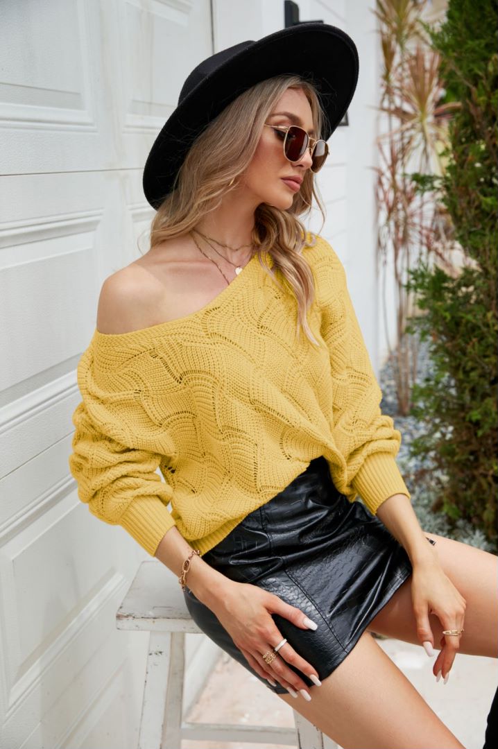 Fall Outfits Plain Crochet Knit V Neck Pullover Sweaters