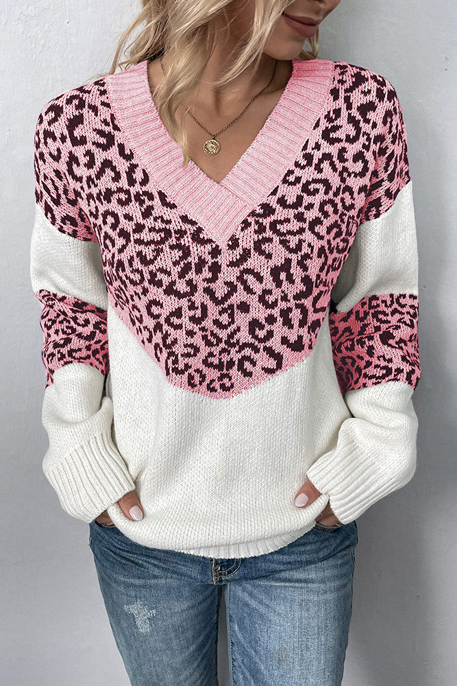 Leopard Splicing V Neck Long Sleeve Knit Sweater