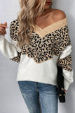 Leopard Splicing V Neck Long Sleeve Knit Sweater