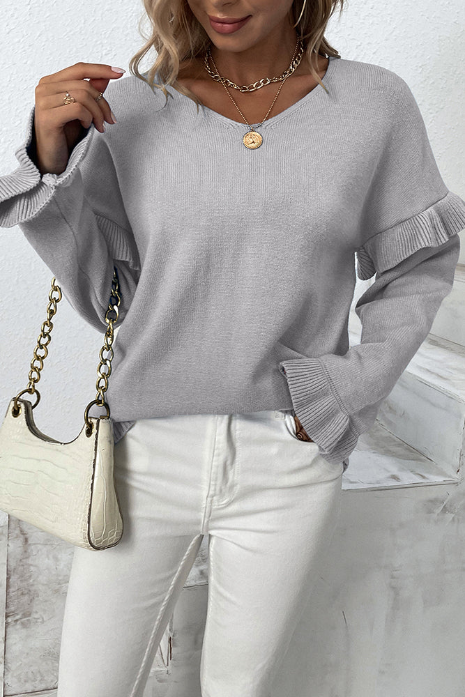 Winter Outfits Plain V Neck Ruffle Sleeves Pullover Sweaters