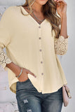 Plain Waffle Knit  Lace Cuff Open Button Long Sleeve Shirts