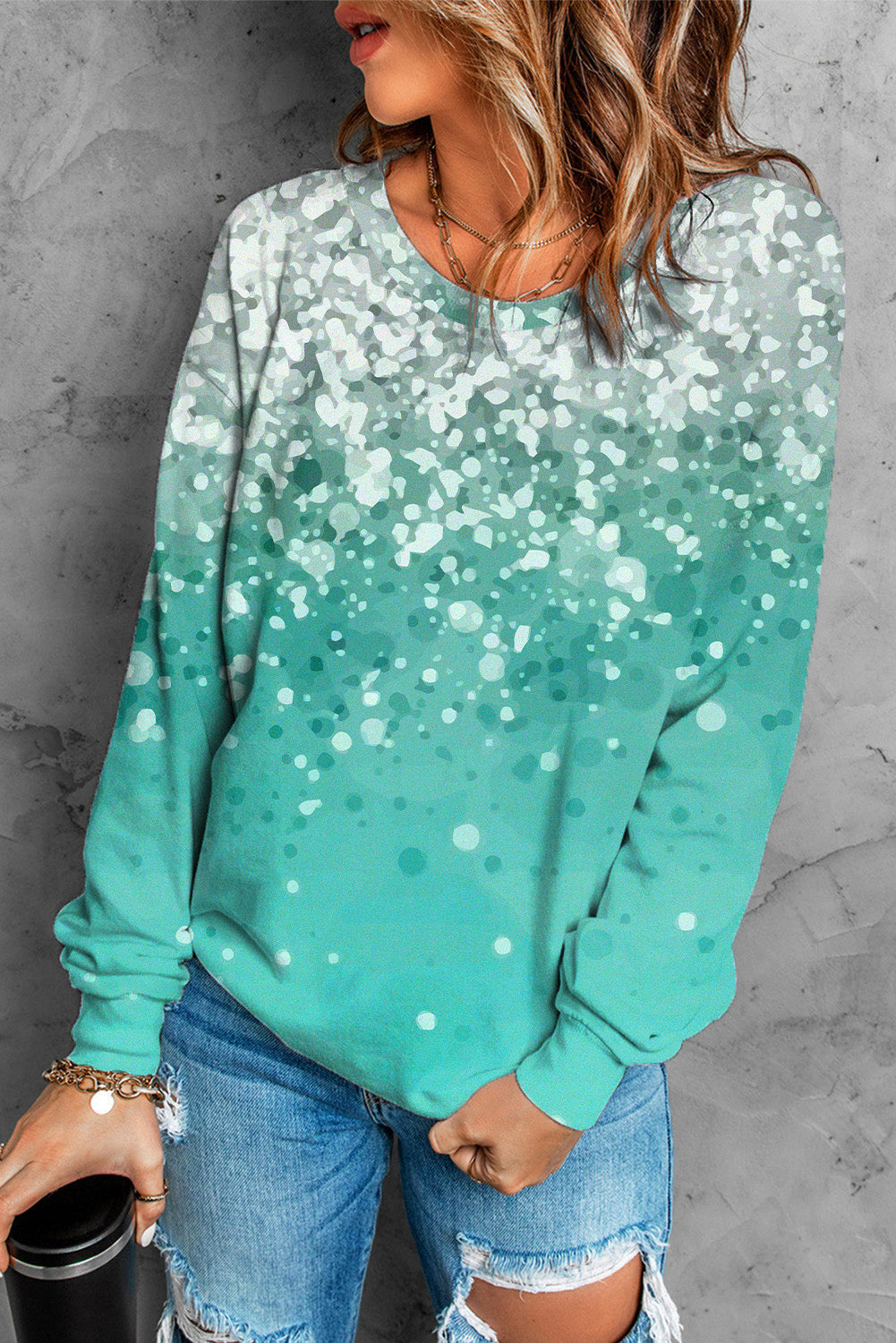 Sky Blue Bleached Splatter Gradient Long Sleeve Sweatshirt