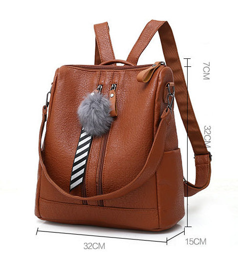 paziye Retro Style Solid Color Women's Backpack Hair Ball Pendant