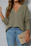 Plain V Neck Waffle Knit Pocketed Long Sleeves Top