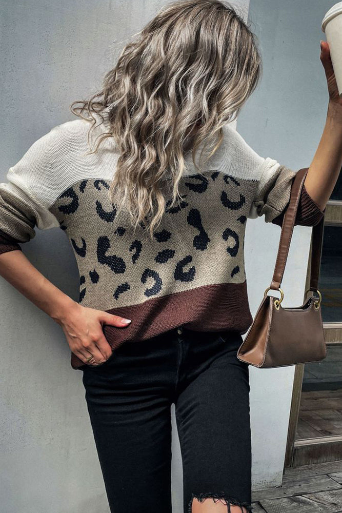 Leopard Splicing Colorblock Knitting Sweater