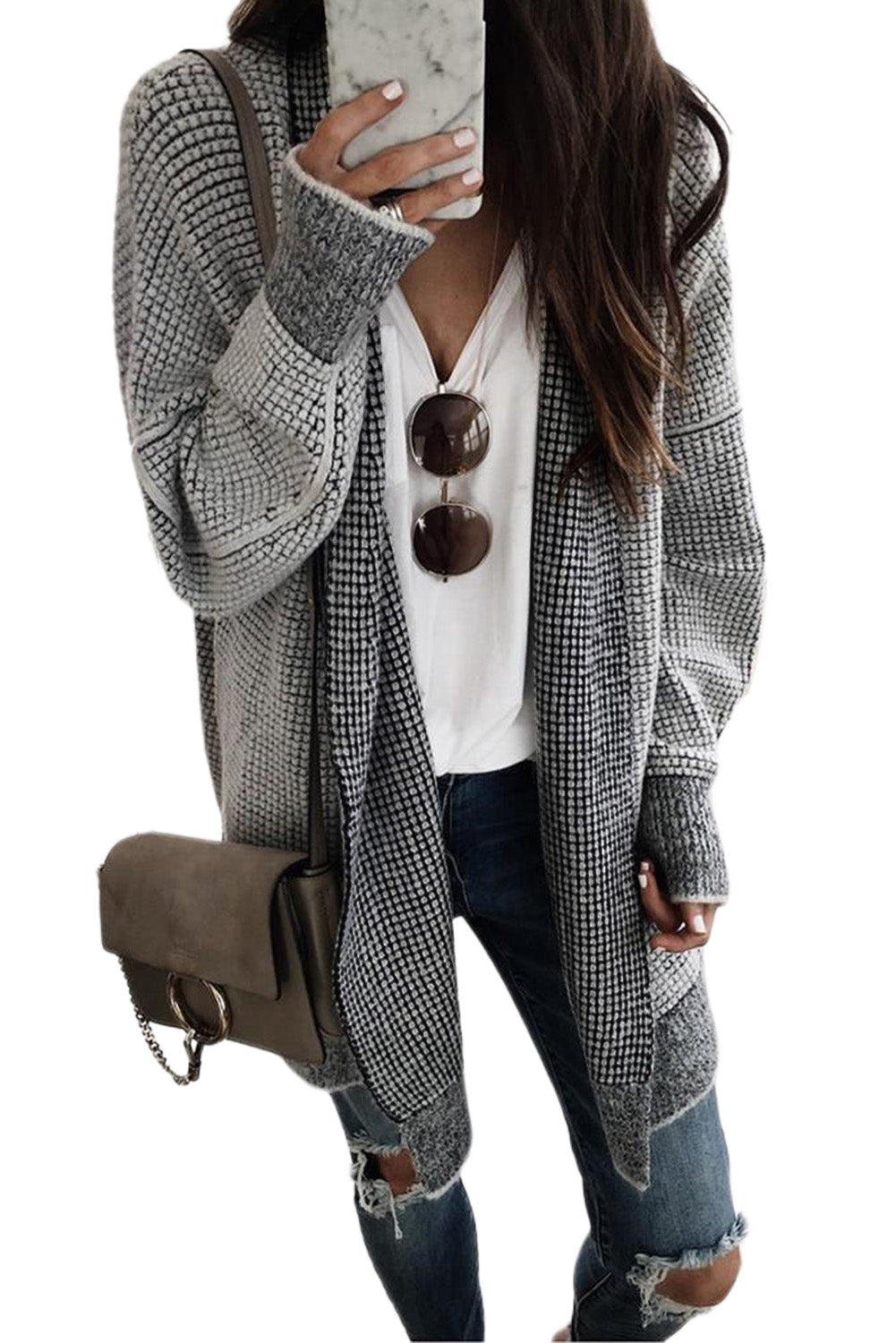 Gray Plaid Knitted Long Open Front Cardigan Winter Outfits
