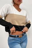 Khaki Color Block V Neck Pullover Sweaters