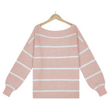 Off Shoulder Pin Striped Loose Pullover Sweaters