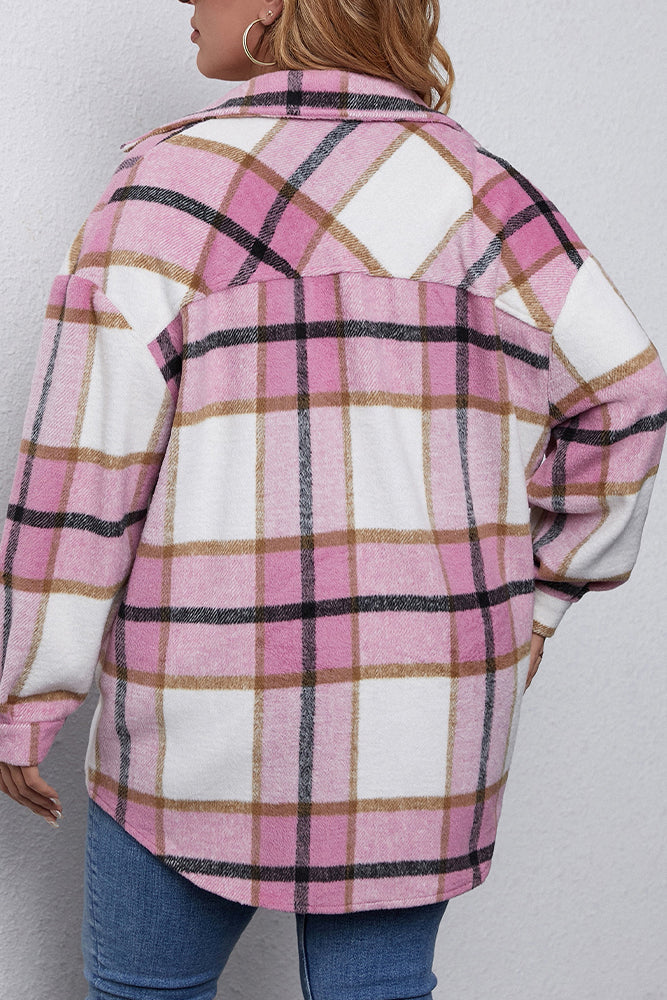 Winter Outfits Plus Size Pink Lapel Button Up Pocket Plaid Shacket