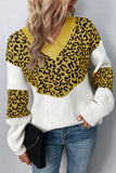 Leopard Splicing V Neck Long Sleeve Knit Sweater