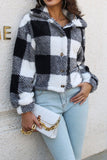 Open Button Fleece Plaid Crop Jackets