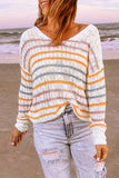 Orange Striped Winter Outfits Knitted V Neck Sweater