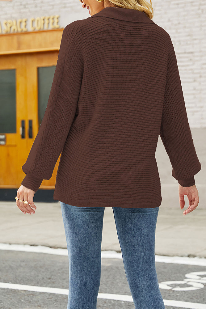 V Neck Turndown Collar Long Sleeve Sweater