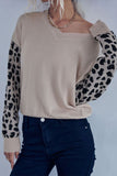 Khaki Leopard Sleeves V Neck Knit Sweaters