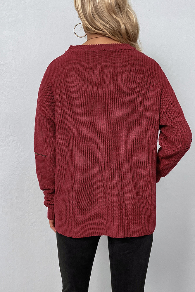 Cut Out Zipper Sleeve Knitting Sweater