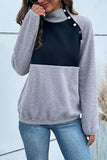 Grey High Collar Side Button Patchwork Fleece Sweatshirt