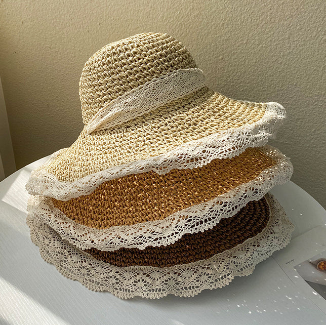 Paziye Ladies Straw Hats With Lace Floppy Hat
